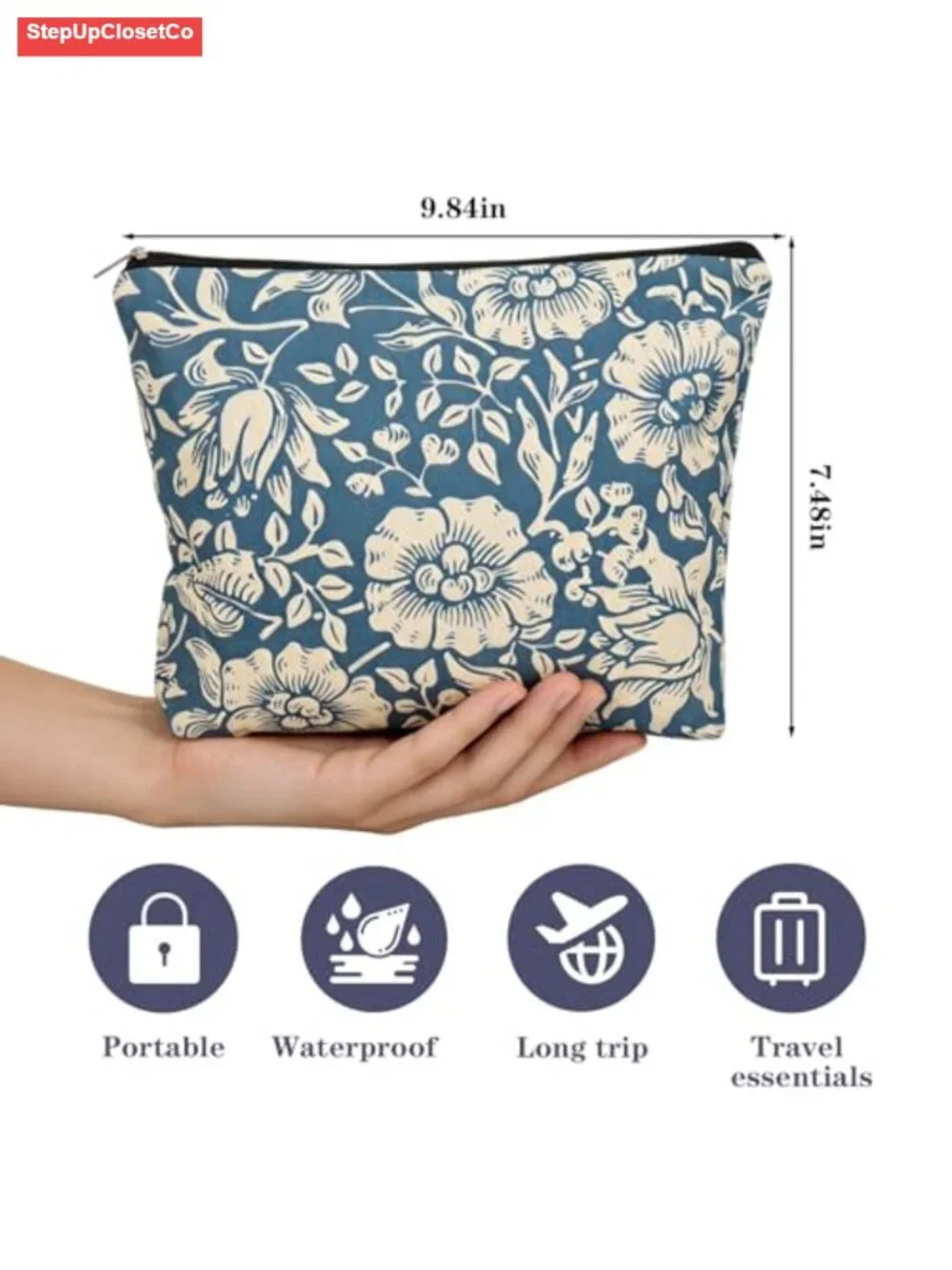 Canvas Travel Toiletry Bag Set of 6 with Zipper Vintage Floral Design